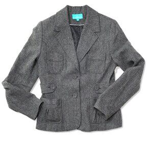La Redoute Wool Blend Blazer Jacket Grey Herringbone Pattern Classic Ruffles